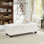 48" Faux Leather Ottoman with Storage, Tufted Storage Ottoman Bench with Safety Hinge, Rectangular Extra Long Bench for Bedroom, Living Room, Entryway and Window, White