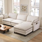102'' L-Shaped Cloud Couch Sectional Sofa for Living Room, Beige | USB Charging Ports, Foldable Side Table, Movable Ottoman, Comfy Chenille Deep Seat
