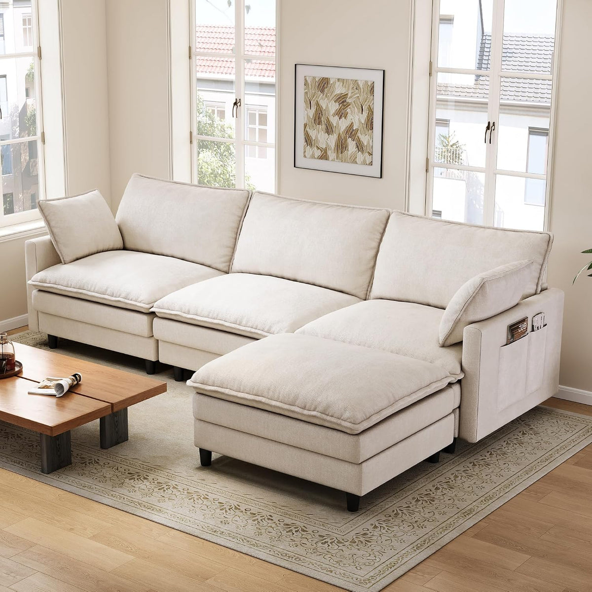 102'' L-Shaped Cloud Couch Sectional Sofa for Living Room, Beige | USB Charging Ports, Foldable Side Table, Movable Ottoman, Comfy Chenille Deep Seat