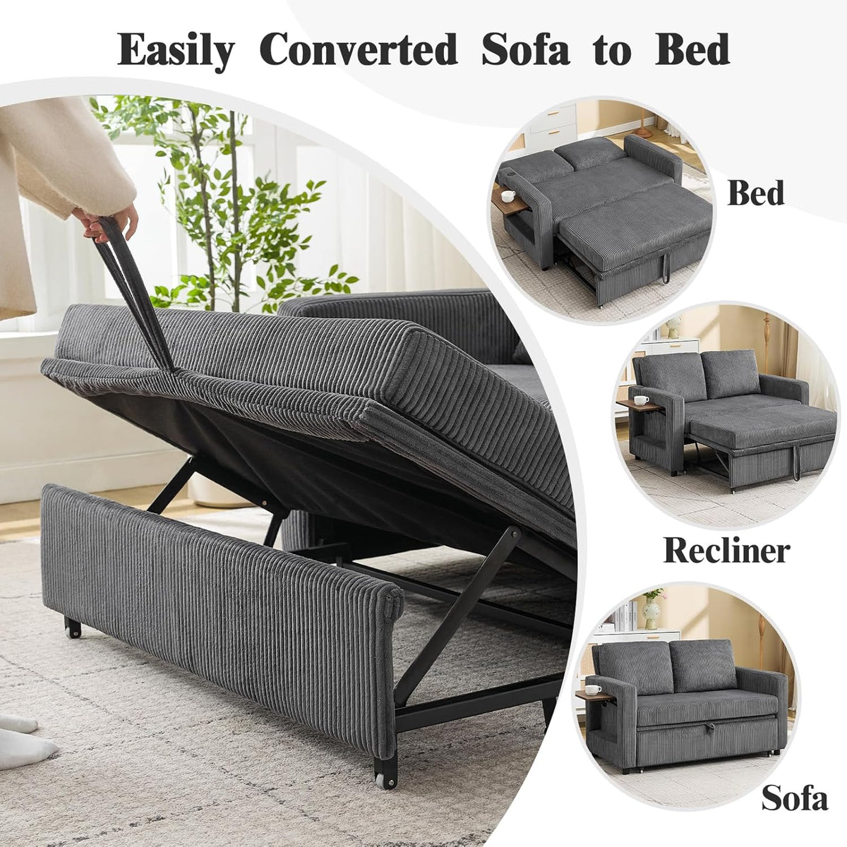 3 in 1 Convertible Sofa Bed, Pull Out Couch with Dual USB and Type C Ports, Chenille Fabric Loveseat Sleeper Sofa Bed, Sofa Bed with Foldable Side Table for Living Room Home Office Apartment