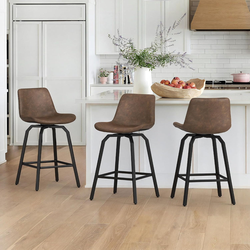 LUE BONA 360° Swivel Bar Stools Set of 3, 26 Inch Counter Height Bar Stools, Modern Faux Leather Stools with Enlarged Seats, Metal Legs for Kitchen Island, Dining, Vintage Brown