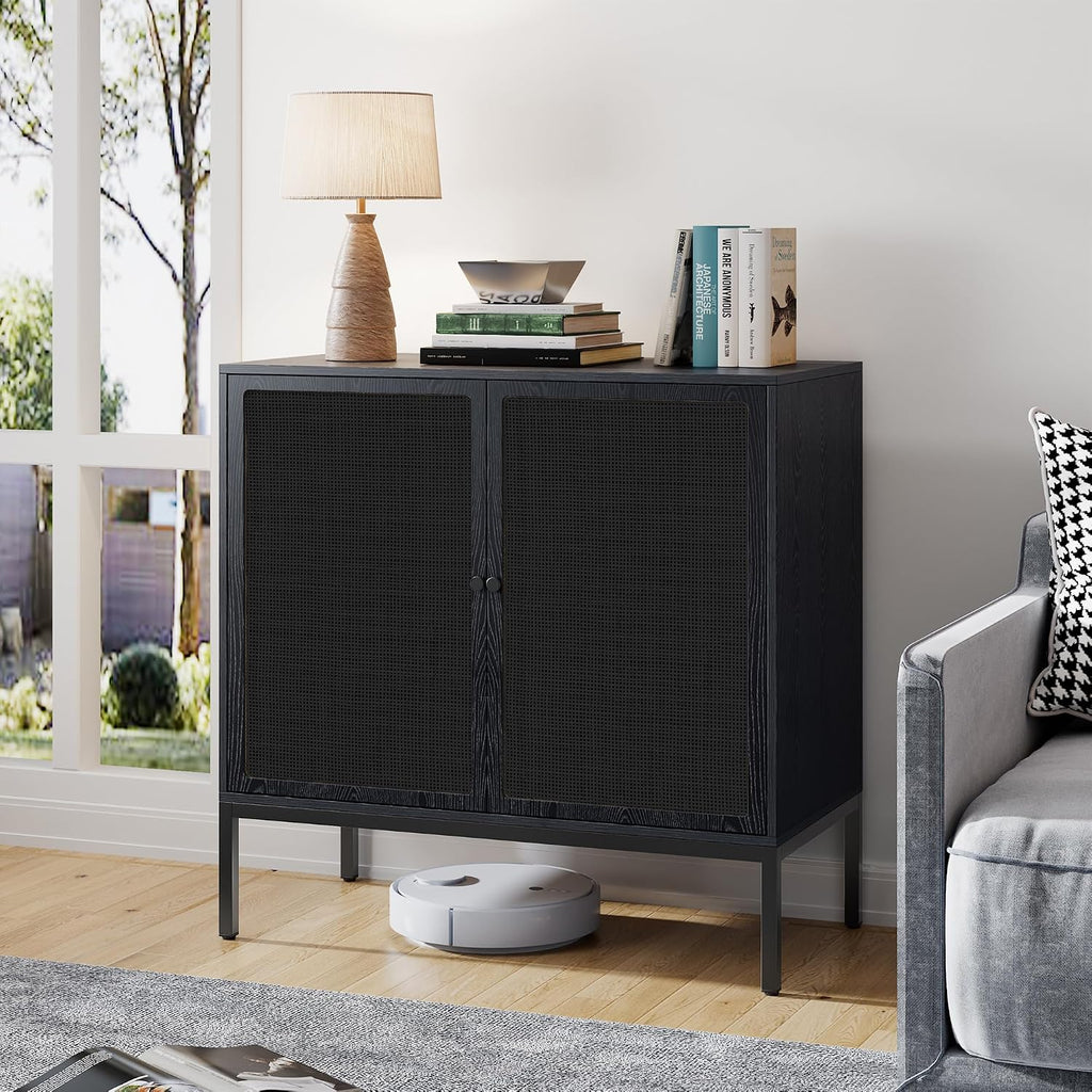 Brafab Black Sideboard Buffet Cabinet with Natural Rattan Decorated Doors, 31.5" W Rattan Credenza Storage Cabinet, Boho Cabinet for Living Room, Entryway, Dining Room/Square Doors