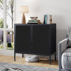 Brafab Black Sideboard Buffet Cabinet with Natural Rattan Decorated Doors, 31.5" W Rattan Credenza Storage Cabinet, Boho Cabinet for Living Room, Entryway, Dining Room/Square Doors