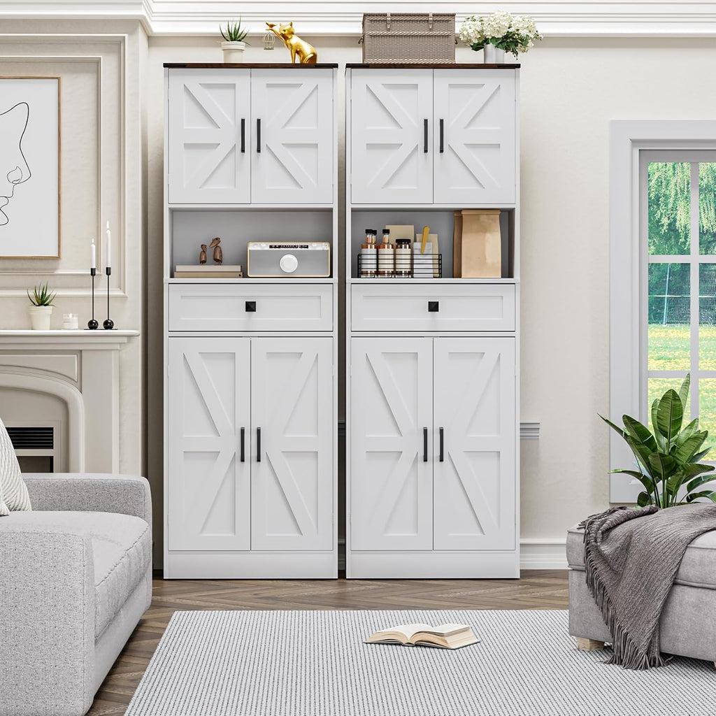 Bigbiglife Farmhouse Kitchen Pantry Cabinet, 67" Tall Kitchen Storage Cabinet, Kitchen Hutch with Microwave Stand & Barn Doors and Drawers for Dining Room, Living Room, Study