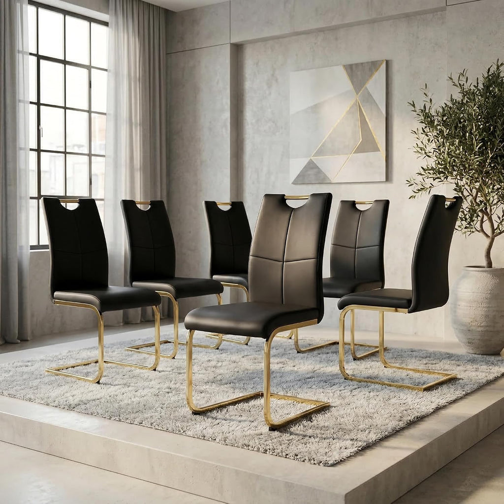 FT Global Modern PU Leather Dining Chair Set of 6, Upholstered Black Chairs with Gold Metal Legs, Kitchen and Dining Room Furniture