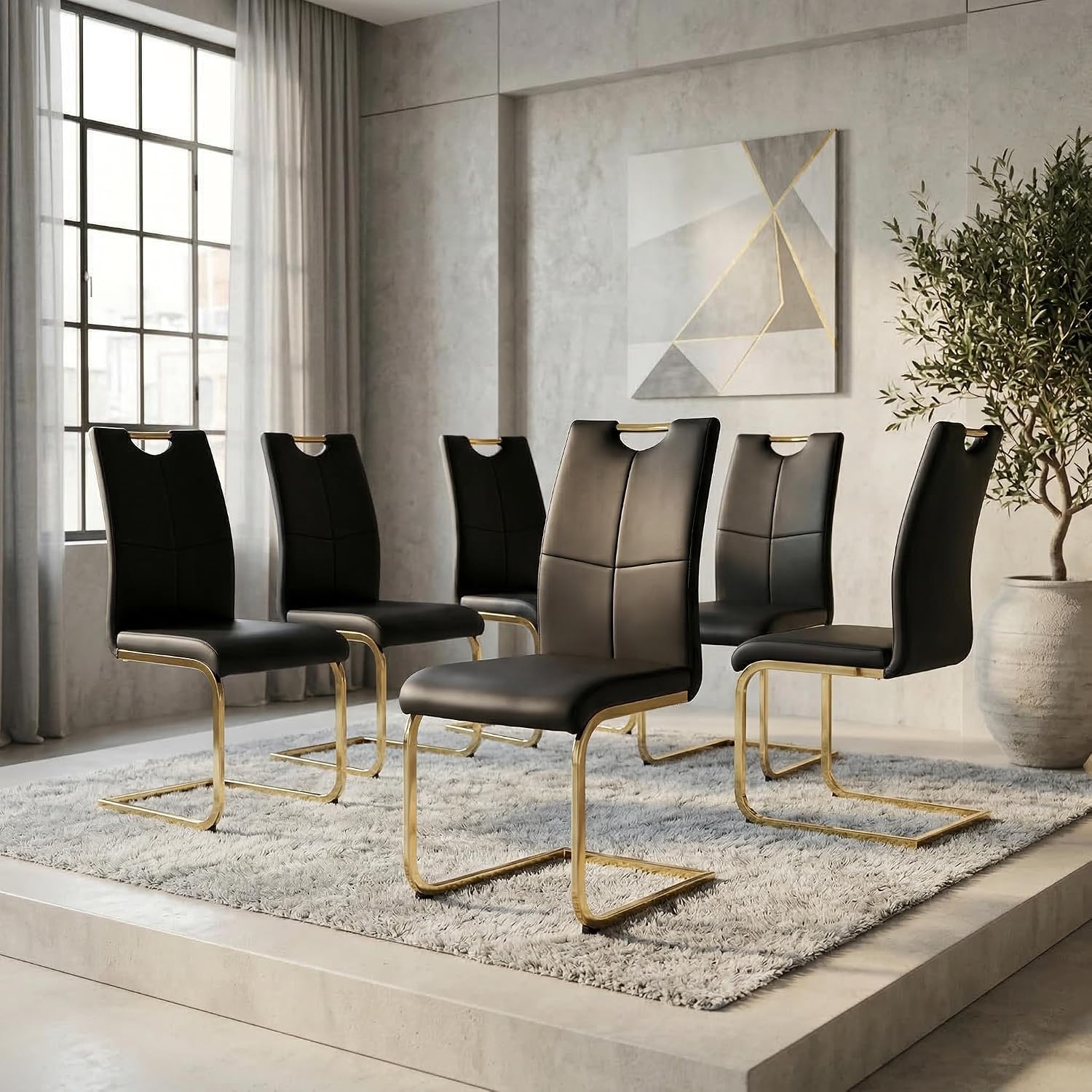 FT Global Modern PU Leather Dining Chair Set of 6, Upholstered Black Chairs with Gold Metal Legs, Kitchen and Dining Room Furniture