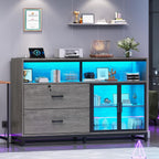 SEDETA 59" Filing Cabinet with Lock Drawers fits Legal Size for Home Office | Grey Lateral 2 Drawers File Cabinet with Acrylic Display Cabinet, Power Strip, Printer Stand with Storage Shelves for Office