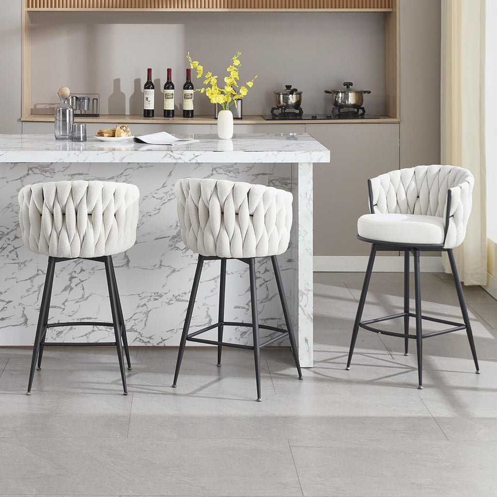 BFZ Swivel Bar Stools Set of 3, 26" Counter Height Barstools, Beige | Fabric, Upholstered Seat, Woven Backrest, Metal Frame, Mid-Century Modern, For Kitchen Island