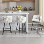 BFZ Swivel Bar Stools Set of 3, 26" Counter Height Barstools, Beige | Fabric, Upholstered Seat, Woven Backrest, Metal Frame, Mid-Century Modern, For Kitchen Island