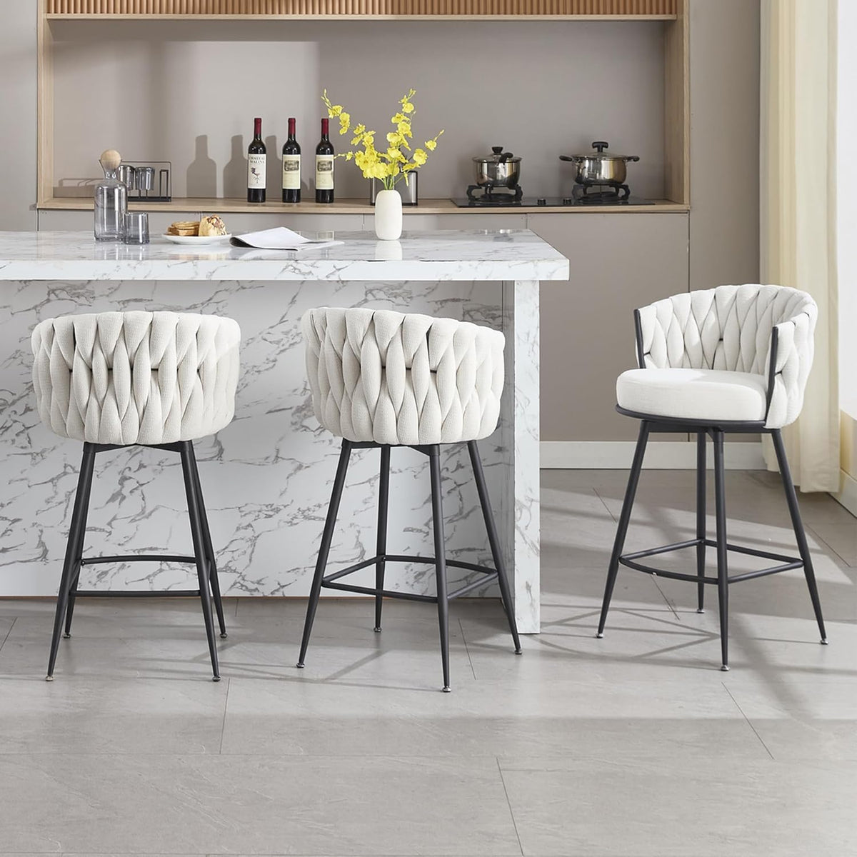 BFZ Swivel Bar Stools Set of 3, 26" Counter Height Barstools, Beige | Fabric, Upholstered Seat, Woven Backrest, Metal Frame, Mid-Century Modern, For Kitchen Island