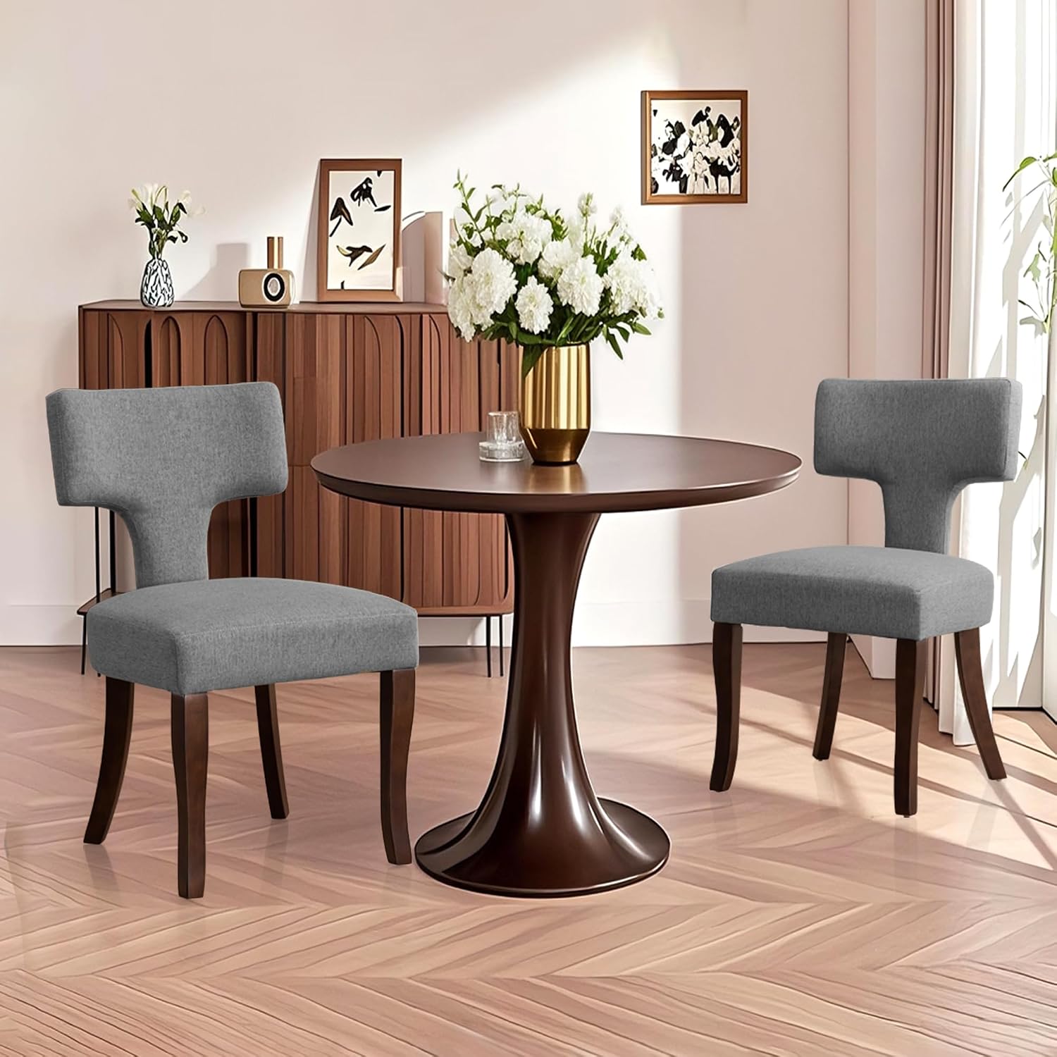 Mid Century Modern Dining Chairs Set of 2, Upholstered Side Dining Chairs with Curved Back Linen Fabric Armless Wood Chairs Kitchen & Dining Room Farmhouse Chairs (Gray)