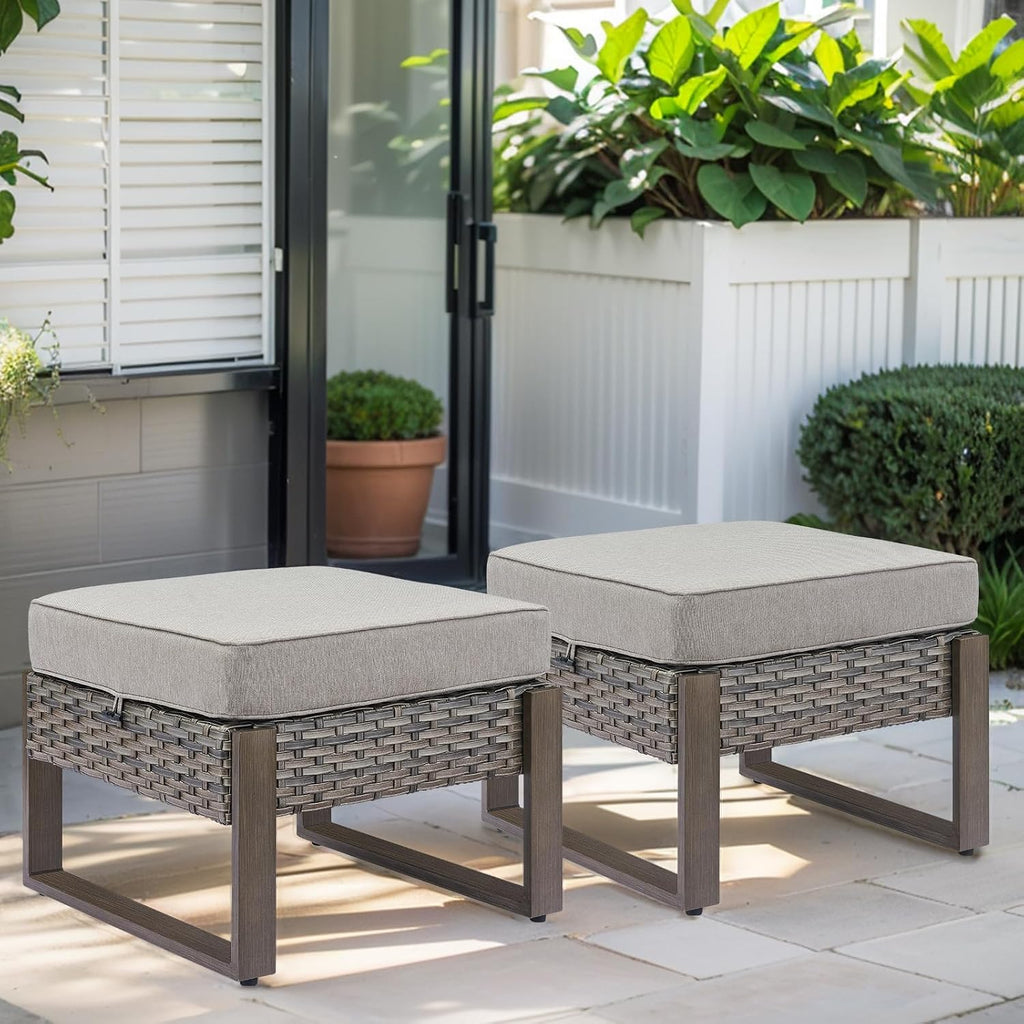 HUMMUH Patio Ottomans Outdoor Foot Rest-All Weather Rattan Outdoor Footstool with Removable Cover Cushions for Deck Porch Garden Balcony Poolside-Grey/Grey