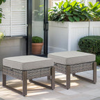HUMMUH Patio Ottomans Outdoor Foot Rest-All Weather Rattan Outdoor Footstool with Removable Cover Cushions for Deck Porch Garden Balcony Poolside-Grey/Grey