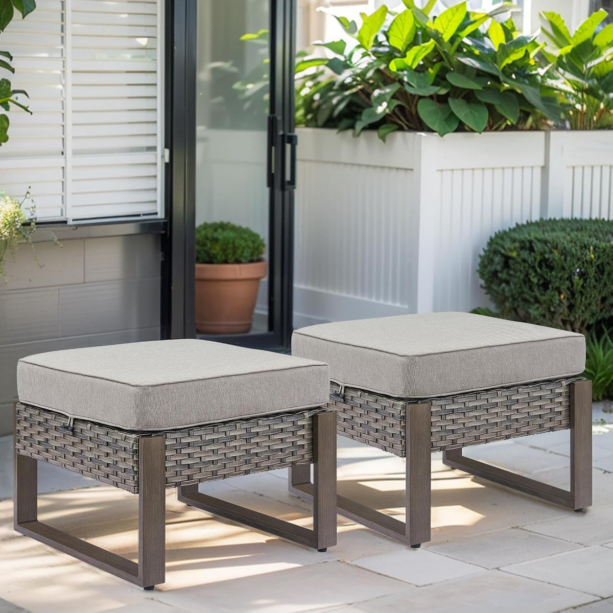 HUMMUH Patio Ottomans Outdoor Foot Rest-All Weather Rattan Outdoor Footstool with Removable Cover Cushions for Deck Porch Garden Balcony Poolside-Grey/Grey