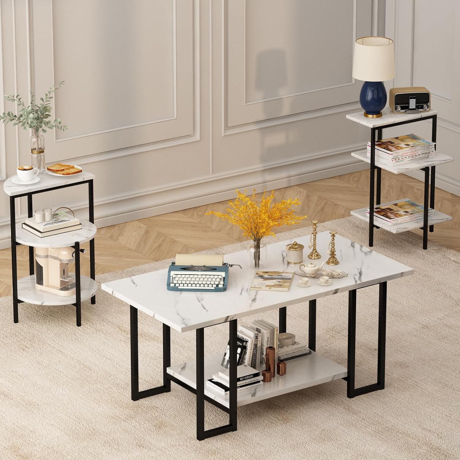 Lamerge Coffee Table Set of 3,Rectangle Coffee Table&2 Accent Table,Faux Marble Tabletop,3 Piece Living Room Table Sets with Multi Tier Storage, for Small Space, Apartment,White & Black