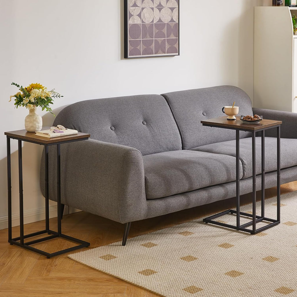 Aibiju Side Table Small End Table C Shaped, Slide Under Laptop Desk for Couch, Living Room Side Table, TV Trays for Eating on Couch, Rustic Brown+Black YD-TM051HB-2