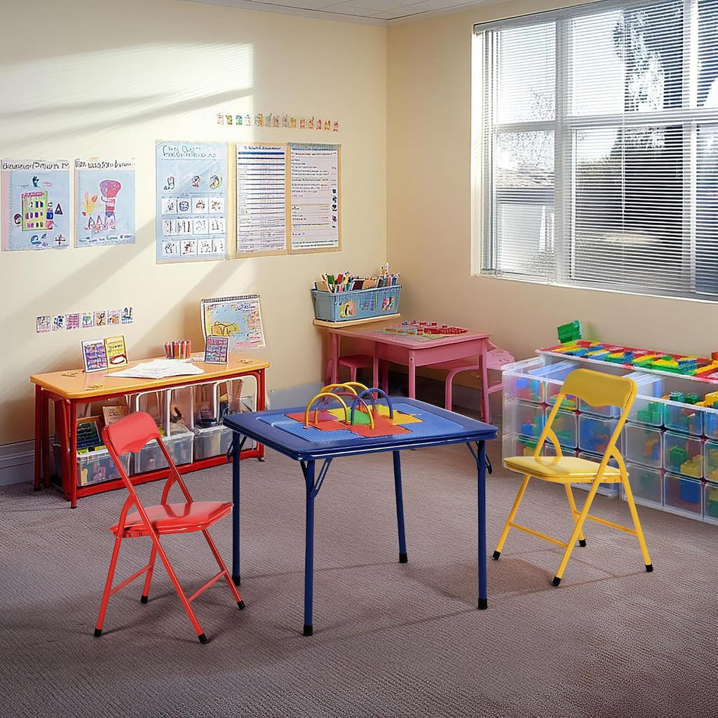 3/5pcs Kids Folding Table and Chair Set, Toddler Dining Set Activity Table With 2 Or 4 Padded Chairs, Indoor Outdoor Play Picnic Table, Easy Clean, Safe Round Corners, Space Saving (Royal Blue,3)