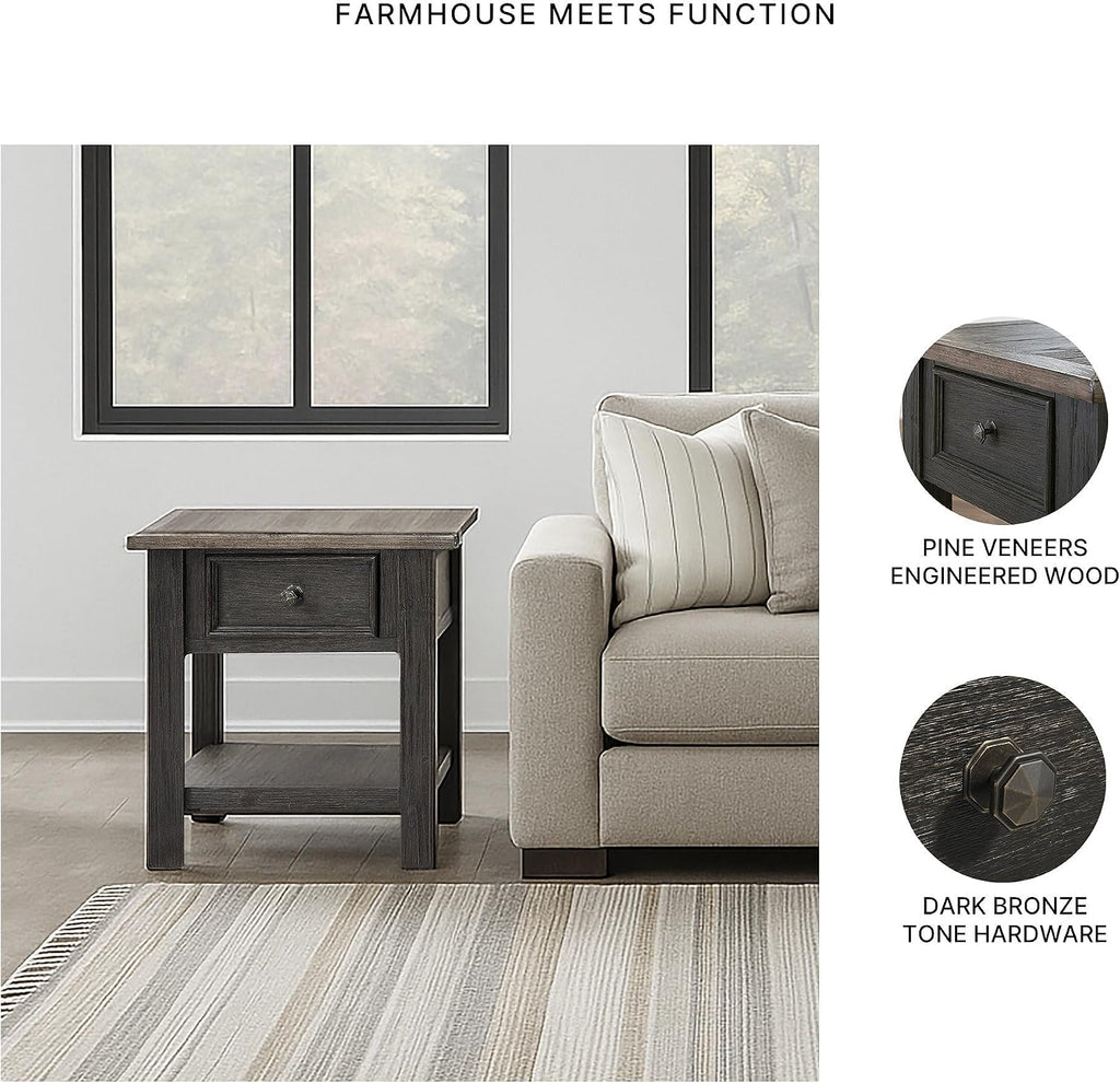 BOWERY HILL Contemporary Wood End Table, Grayish Brown and Black Finish, 1 Drawer and Bottom Shelf, Dark Bronze-Tone Hardware, 25.13" H x 24" W x 27" D, Shabby Chic Living Room Accent
