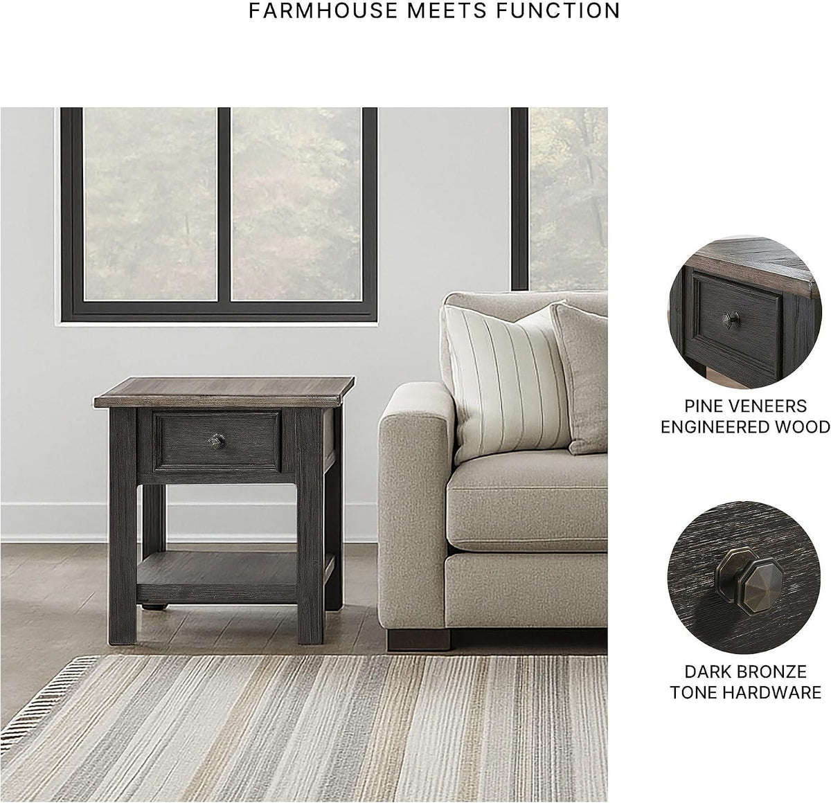 BOWERY HILL Contemporary Wood End Table, Grayish Brown and Black Finish, 1 Drawer and Bottom Shelf, Dark Bronze-Tone Hardware, 25.13" H x 24" W x 27" D, Shabby Chic Living Room Accent