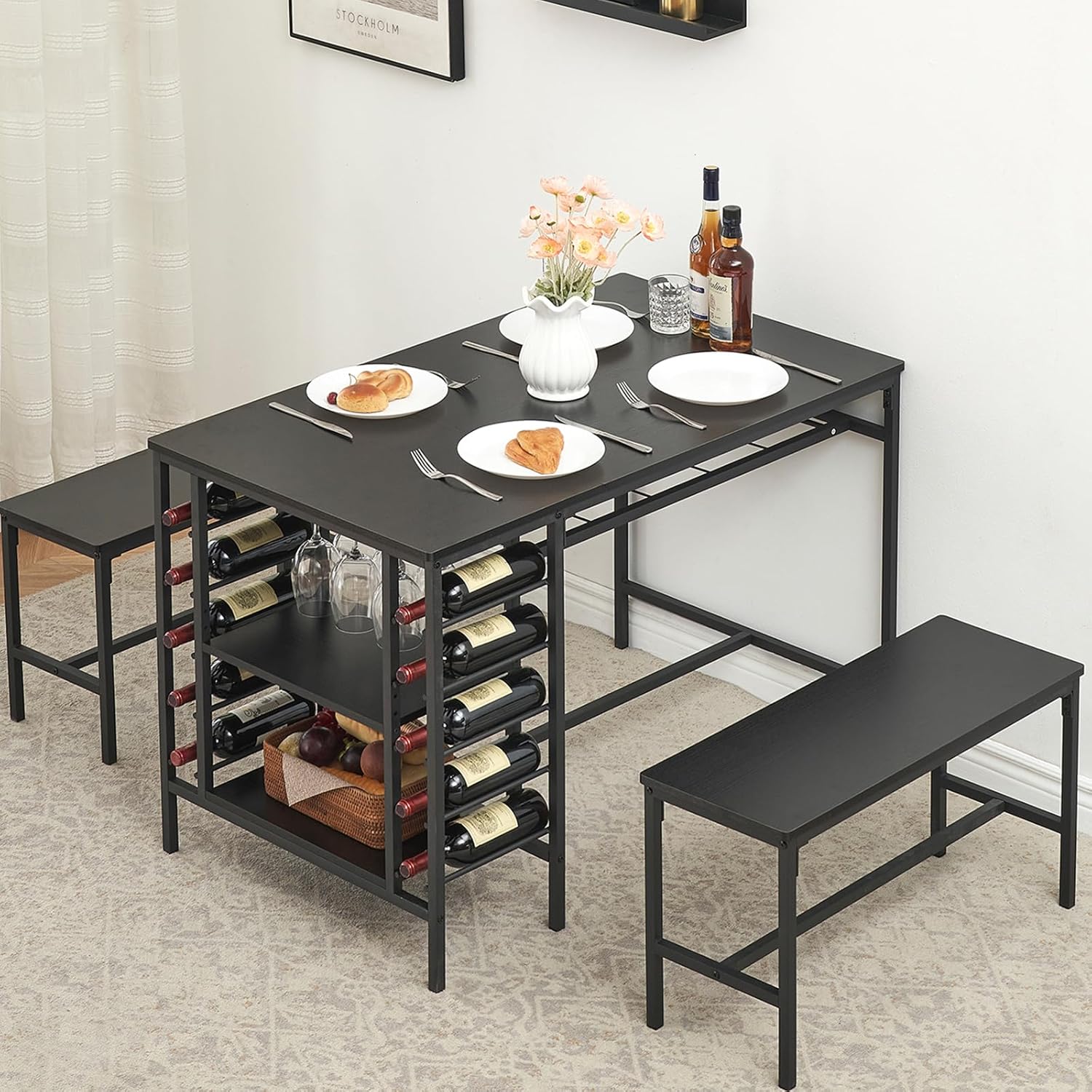 Garvee Dining Table Set for 4, Kitchen Table Set for 4 with 2 Benches, 3 Piece Dining Room Table Set for Small Space Apartment, Black