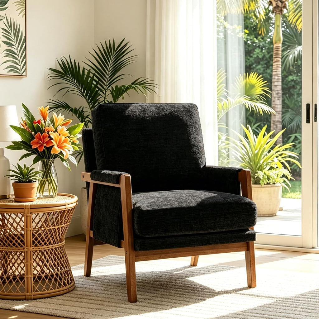 RNKSFX Black Accent Chair for Bedroom & Living Room, Mid Century Modern Accent Arm Chair, Upholstered Anthropologie Accent Chair with Solid Wood Frame, Fabric