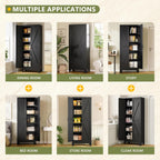 RAVIGIN Farmhouse Storage Cabinet,75" H Metal Pantry Cabinet with Barn Doors and Adjustable Shelves,75" H 6-Tier Rustic Pantry Organizers for Kitchen,Dining Room,Black
