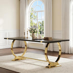 Asday 77" Wooden Dining Table for 6-8, Modern Rectangular Large Kitchen Table with Gold Polished Stainless Steel U-Shaped Base for DiningRoom Kitchen Dinner Home
