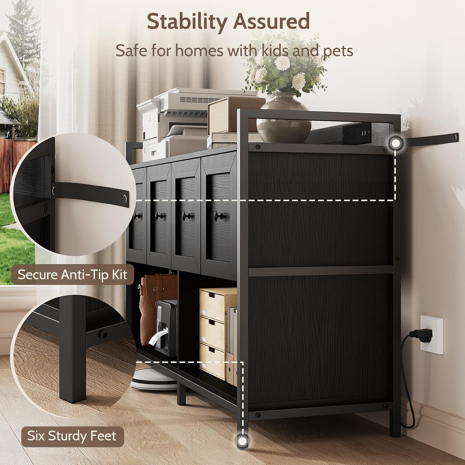 Filing Cabinet for Home Office, 43" Wood File Cabinet with Power Outlet, 2 Drawers, 2 Open Storage Shelves, Black Lateral File Storage Fits Legal/Letter/A4 Size, Printer Stand with Bookshelf Organizer