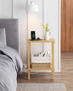 TUTOTAK End Table with Charging Station, Set of 2, Small Side Table with Outlets, Nightstand Bedside Table, 2-Tier Storage Shelf for Small Space, Living Room, Bedroom Natural TB01BN041