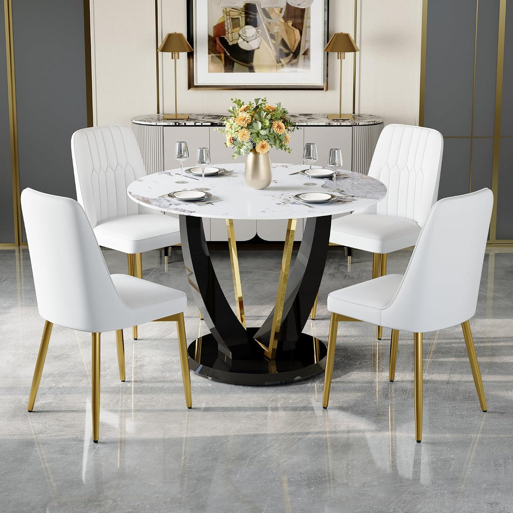 Modern Dining Chairs Set of 4,Upholstered Dining Room Chairs,Kitchen Chairs with Soft Backrest & Gold Metal Legs,Armless Dining Chairs for Kitchen Dining Living Room, White