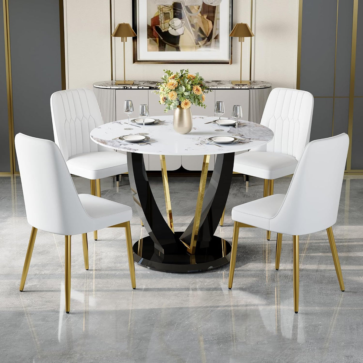 Modern Dining Chairs Set of 4,Upholstered Dining Room Chairs,Kitchen Chairs with Soft Backrest & Gold Metal Legs,Armless Dining Chairs for Kitchen Dining Living Room, White