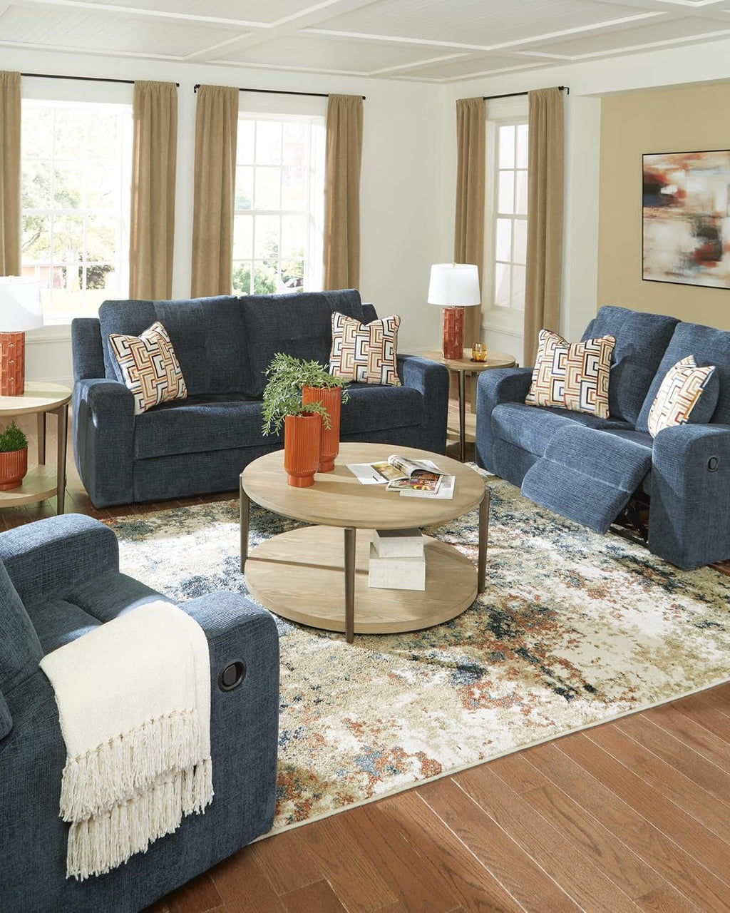 Signature Design by Ashley Danum Modern Manual Pull Tab Reclining Sofa with Tufed Back Cushion, Blue