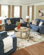 Signature Design by Ashley Danum Modern Manual Pull Tab Reclining Sofa with Tufed Back Cushion, Blue