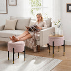 Round Ottoman with Storage, Soft Velvet Vanity Stool, Ottoman Coffee Table with Metal Legs, Foot Stool for Living Room Bedroom, Pink