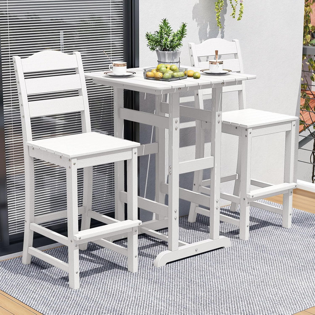 Tangkula Patio HDPE Barstool, Outdoor High Top Bar Chair w/Backrest & Footrest, All-Weather Wood-Plastic Bar Height Chair for Poolside, Backyard, Porch (2, White)