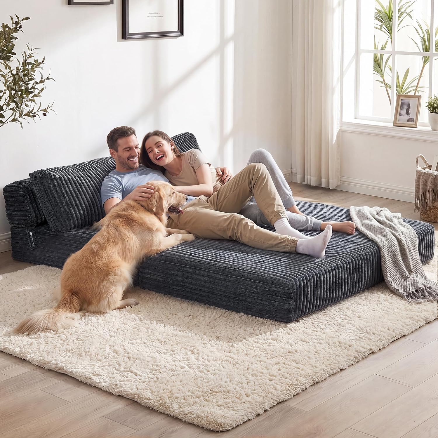Convertible 4-in-1 Folding Sofa Bed Sleeper Chair Couch Foldable Chaise Lounger & Mattress Pocket Coils+Foam Fill Medium Support, No Assembly for Living Room/Bedroom, Full