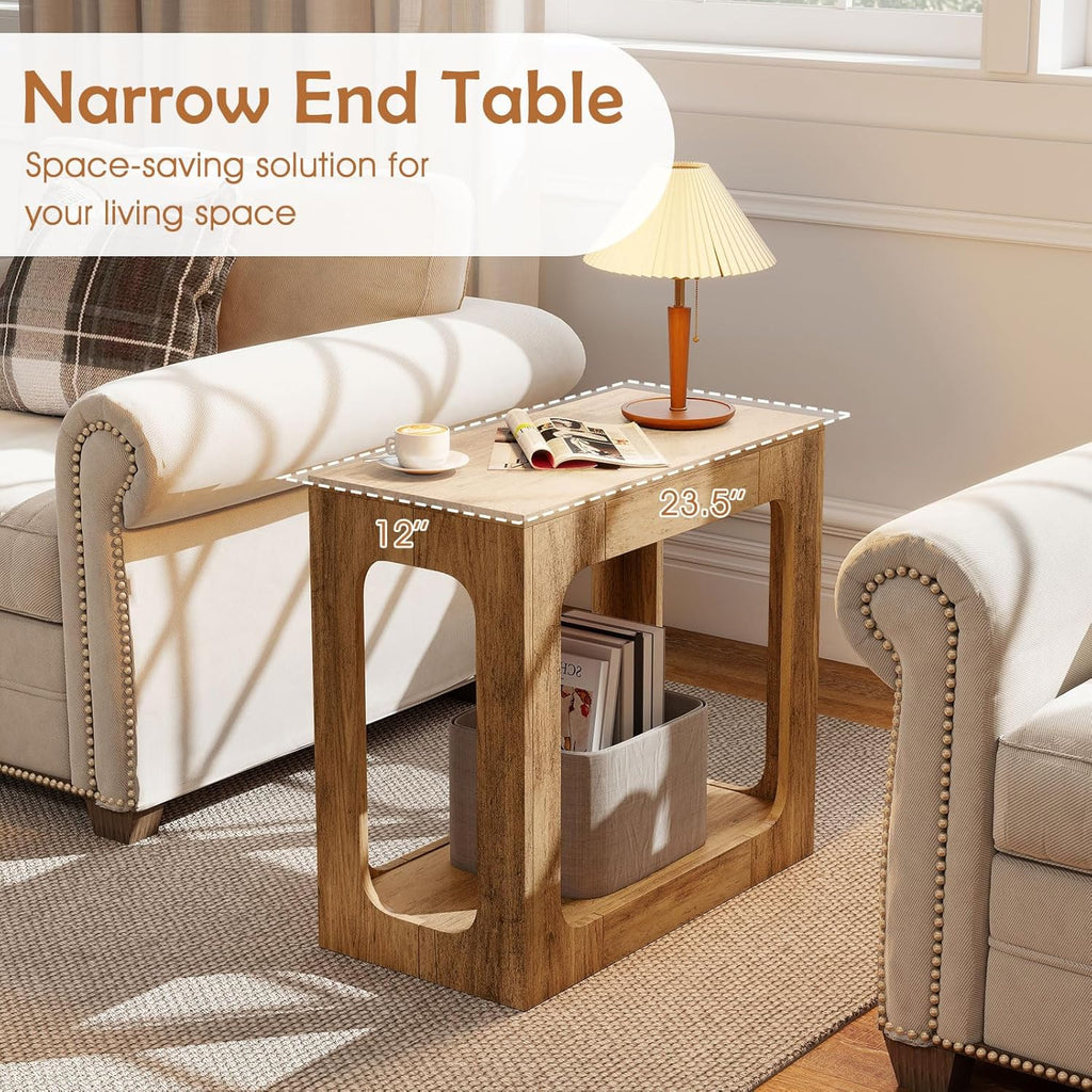GOFLAME Narrow End Table, Farmhouse Wood Sofa Side Table 2-Tier with Storage Shelf, Arched Rustic Small Accent Tables, Rectangular Compact Night Stand for Living Room, Bedroom, Oak
