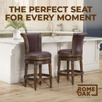 ROME + OAK Runyan 26 Swivel Counter Stool, Set of 3 | Rotating High Back Barstool in Dark Walnut Finish with Vintage Brown Vegan Leather Seat