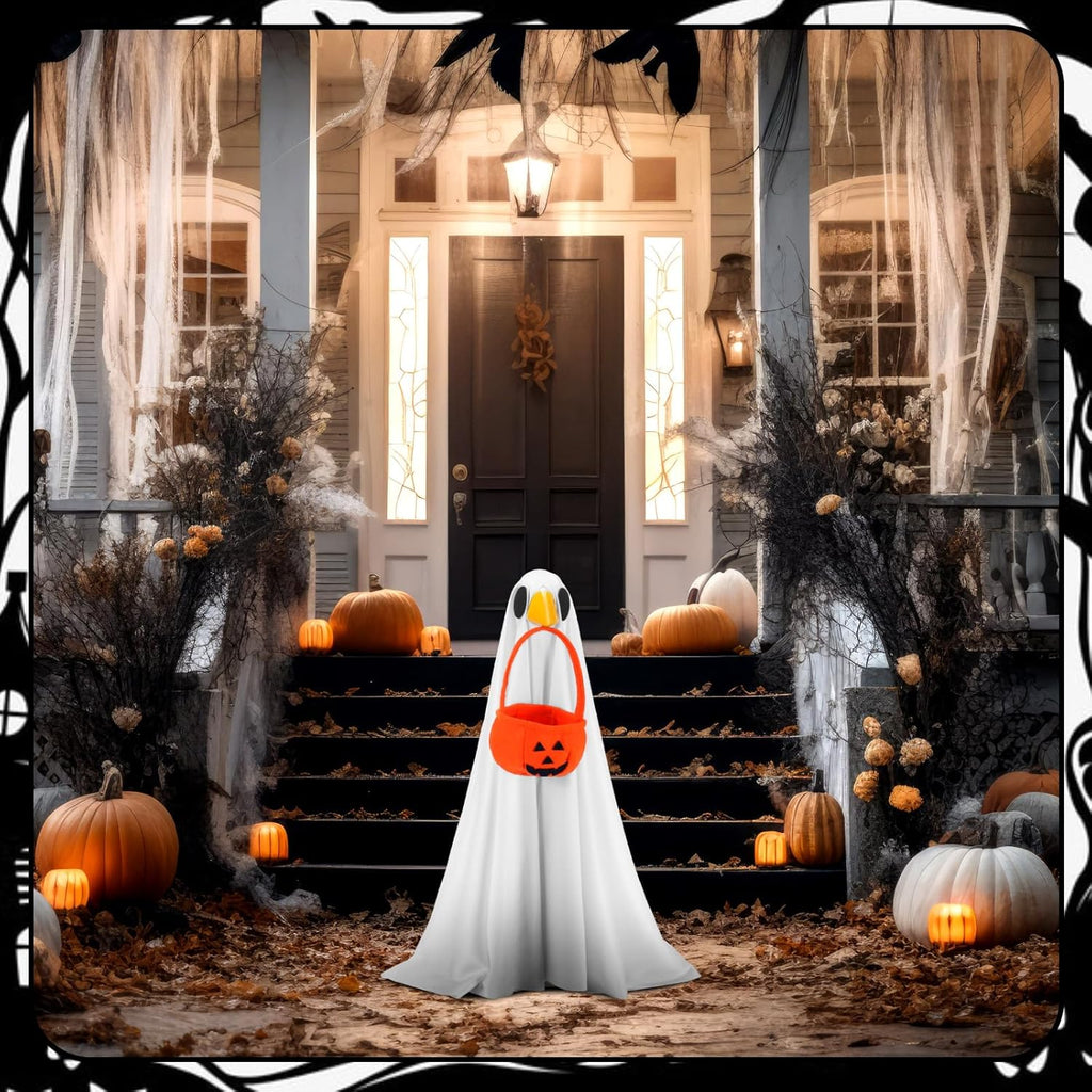 Abbylike Halloween Porch Goose Outfit Ghost Goose Outfit Fall Halloween Geese Costume Clothes with Pumpkin Bag for 23'' Cement Plastic Duck Yard Lawn Statue Decorations