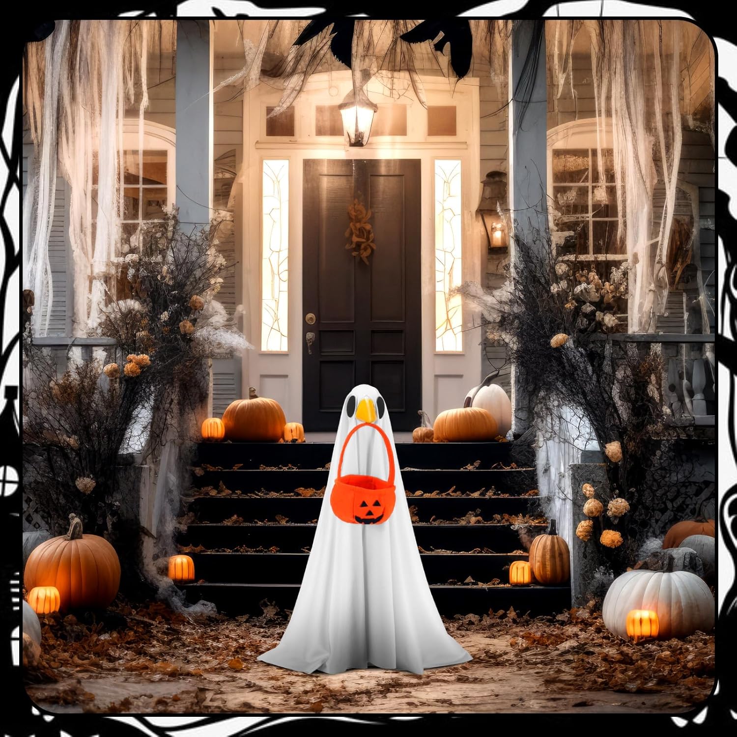 Abbylike Halloween Porch Goose Outfit Ghost Goose Outfit Fall Halloween Geese Costume Clothes with Pumpkin Bag for 23'' Cement Plastic Duck Yard Lawn Statue Decorations