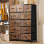 Tall Console Table with 11 Fabric Drawers, Rustic Brown | 11 Fabric Drawers, Entryway Table with Storage, Wood Top, Steel Frame