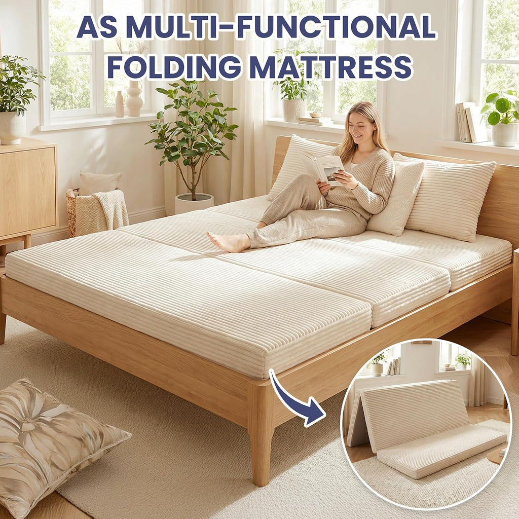 Convertible Sofa Bed, 4-in-1 Loveseat with Removable Armrests Backrest, Corduroy Futon Couch Bed with Pillow, Foldable Mattress Sleeper Sofa for Living Room Bedroom Small Place (Beige)