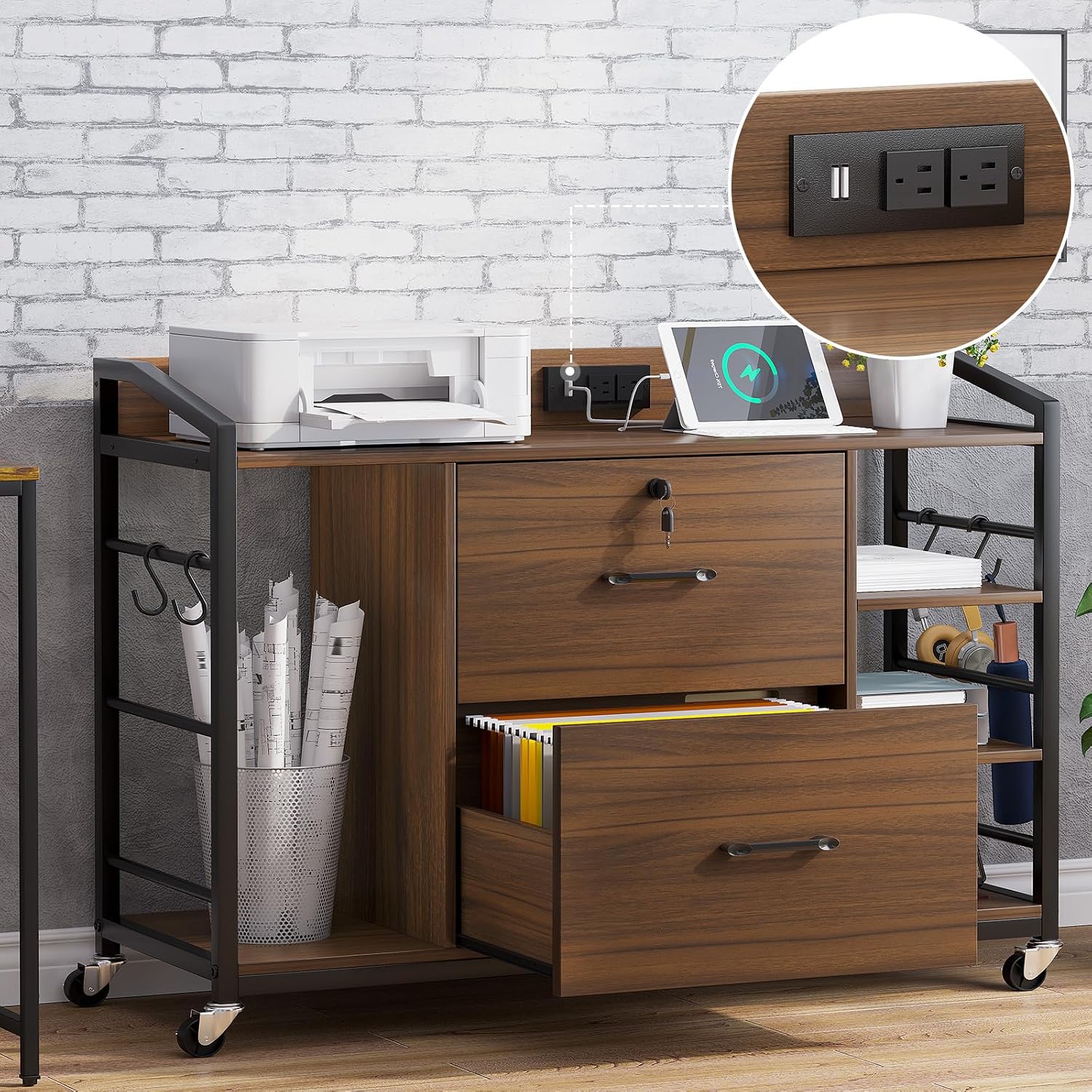 SEDETA 44" File Cabinet with Lock, Filing Cabinet fits Legal/Letter Size | Walnut Lateral 2 Drawer Filing Cabinets for Home Office with Lock, Power Strip, 6 Storage Shelves, Wheels and 4 Hooks
