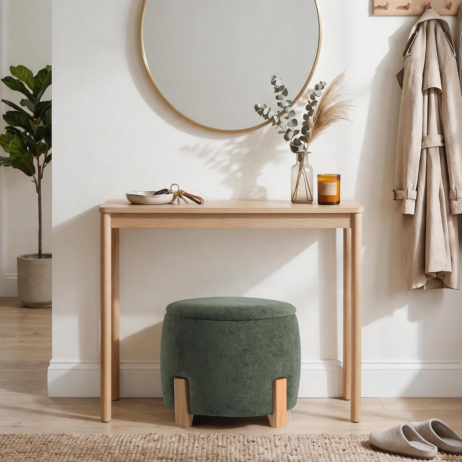 Get Set Style 22 inch Round Ottoman with Wooden Legs, Storage Vanity Stool for Makeup, Upholstered Footrest Stool,Coffee Table for Living Room, Bedroom