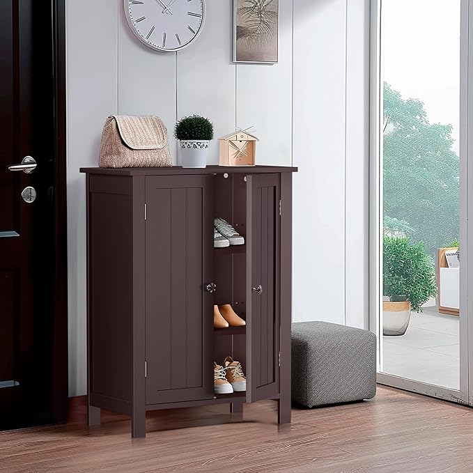 ZENY Bathroom Floor Storage Cabinet with Double Door + Adjustable Shelf, Wooden Organizer Cabinet for Living Room, Bathroom, Bedroom, Modern Home Furniture (Brown)
