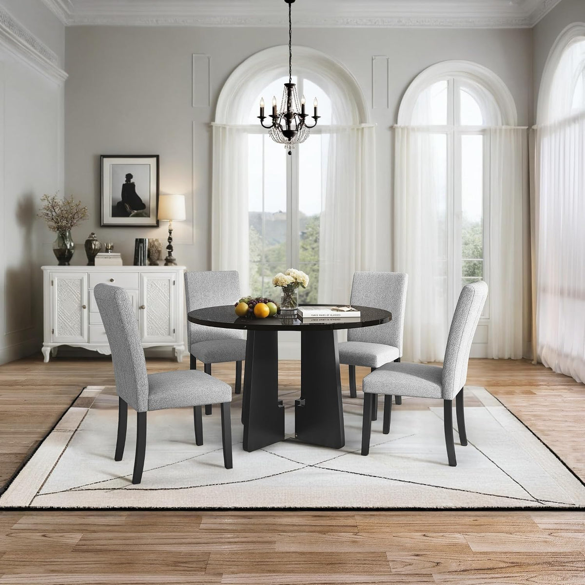 5-Piece Round Dining Table Set, 43-Inch Modern Dining Table and 4 Upholstered Chairs for Dining Room, Kitchen Room, Living Room (Grey Chairs and Black Table)