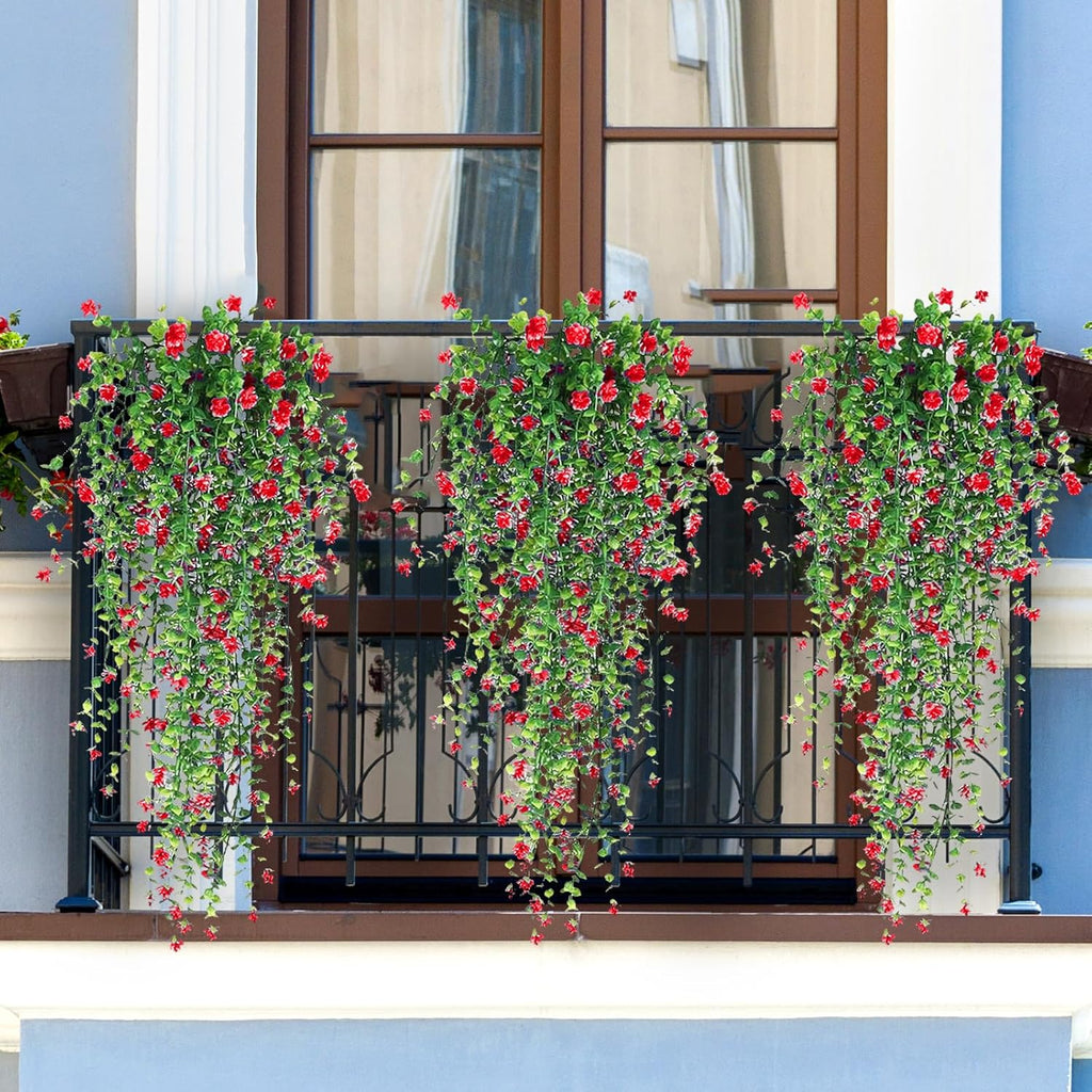 Artificial Hanging Flowers, 3 Pcs Fake Hanging Plants Artificial Vines for Outdoors, Fake Ivy Vine UV Resistant No Fade Faux Plants for Indoor Outside Garden Patio Yard Greenery Decoration (Red)