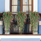 Artificial Hanging Flowers, 3 Pcs Fake Hanging Plants Artificial Vines for Outdoors, Fake Ivy Vine UV Resistant No Fade Faux Plants for Indoor Outside Garden Patio Yard Greenery Decoration (Red)