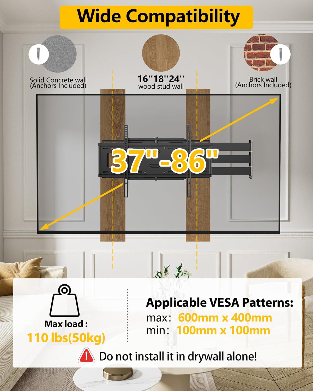 48'' Extension Extra Long Arm TV Wall Mount, Heavy Duty Full Motion TV Wall Mount for 37 to70,75,77,80,85'' Screens, Max VESA 600x400mm, Hold 110 lbs, 16''-24'' Wood Studs/Concrete/Brick Wall, WHYFONE