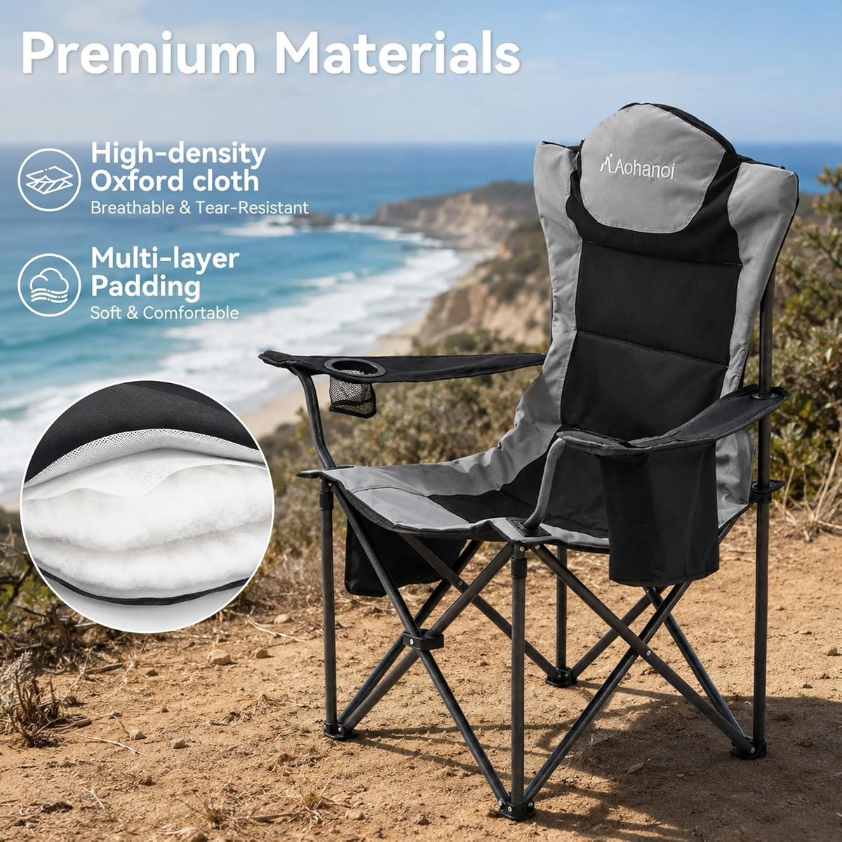 Aohanoi Camping Chairs for Heavy People,Folding Lawn Chairs for Outside Heavy Duty,Outdoor Oversized Chairs for Adult with Cup Holder and Large Cooler Bag,Beach Camp Chairs Supports up to 500lbs